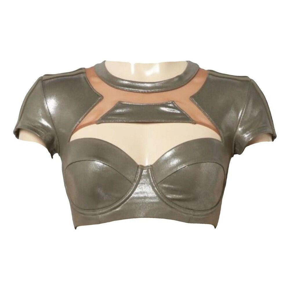 NwT adidas x IVY PARK Swim Top MED Dark Khaki Cutout Metallic Crop Bikini HY2545